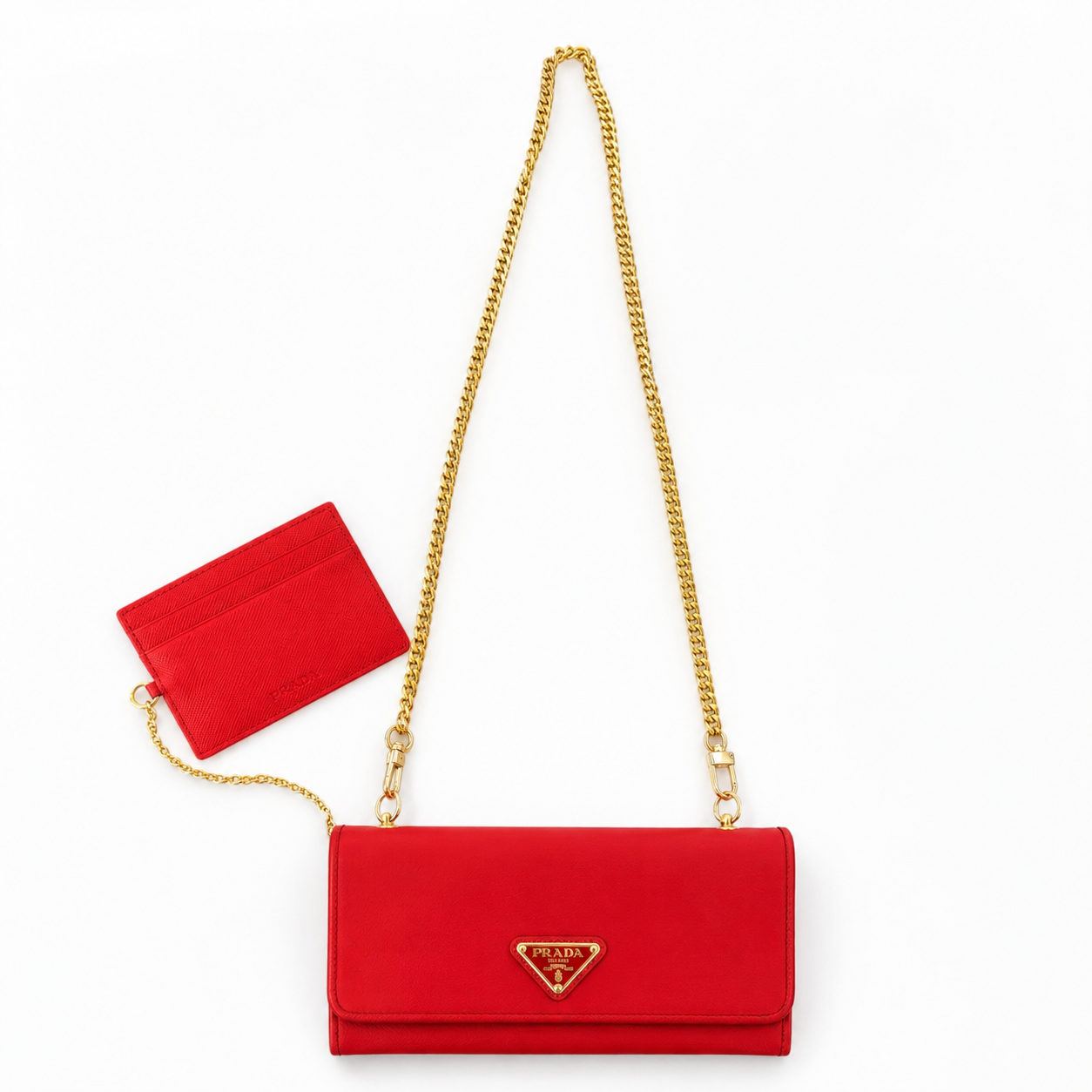 Prada Wallet on Chain in Nylon Rosso con Porta Carte Coordinato