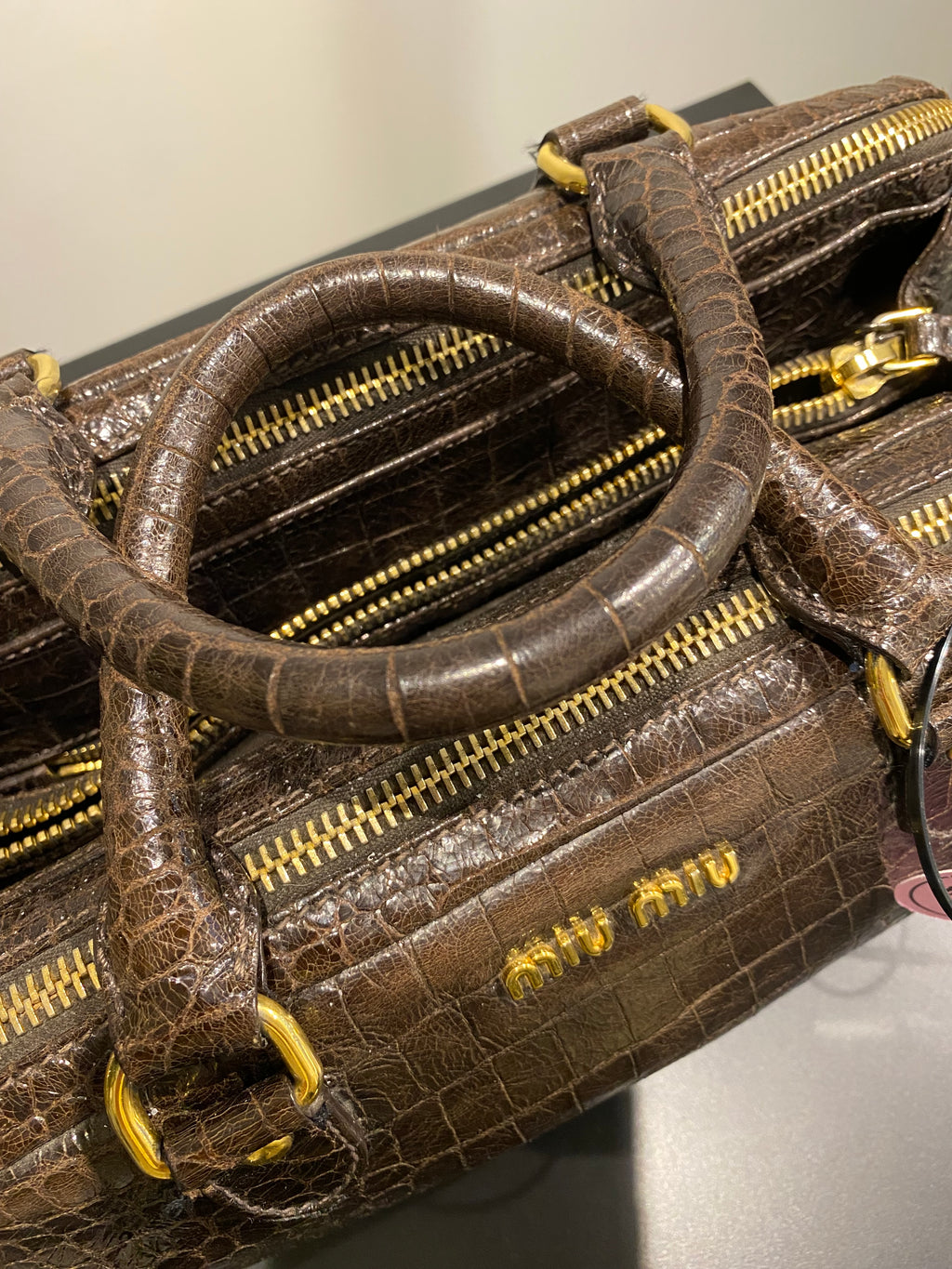 Miu Miu Croc Embossed Leather Bag Brown