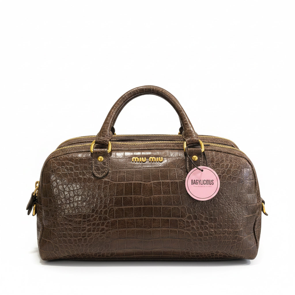Miu Miu Croc Embossed Leather Bag Brown